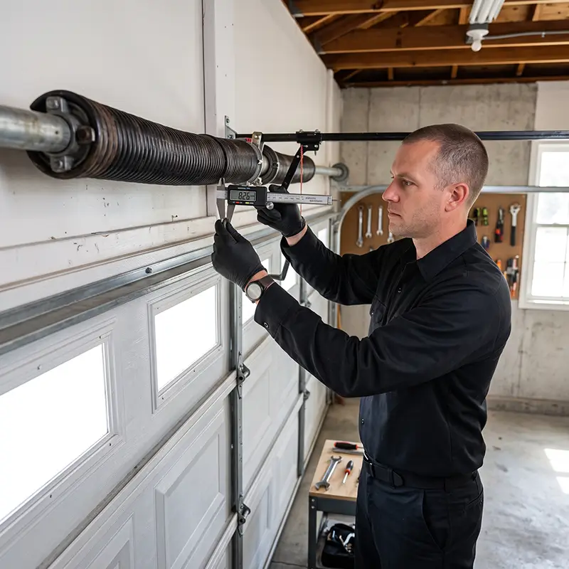 Garage door technician evaluating spring cycle ratings and service life in League City