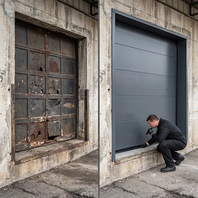 Professional commercial garage door and rolling steel technician working in League City Texas