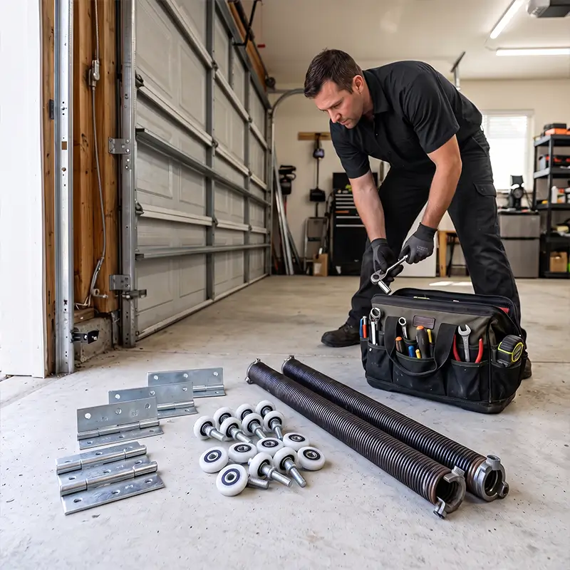 Garage door technician evaluating rollers, tracks, and movement components in League City