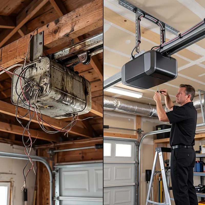 Professional garage door opener repair and installation technician working in League City Texas