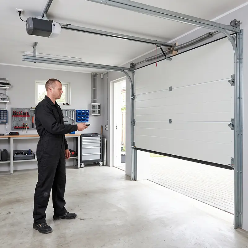 Garage door technician evaluating opener components and motor systems in League City