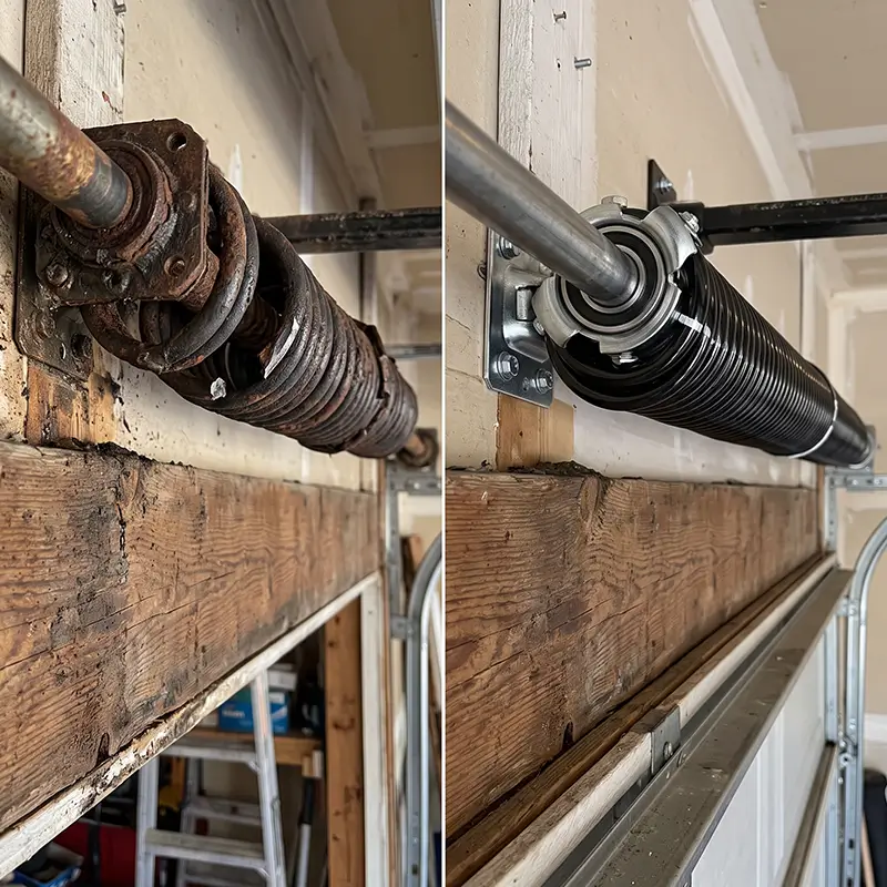 Professional garage door spring replacement technician working in League City Texas