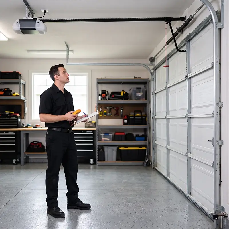 Garage door technician diagnosing mechanical symptoms and track issues in League City