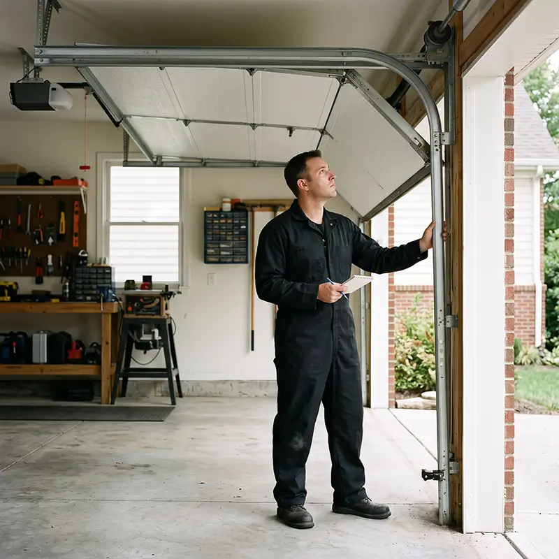 Garage door technician evaluating movement, vibration, and travel during maintenance in League City