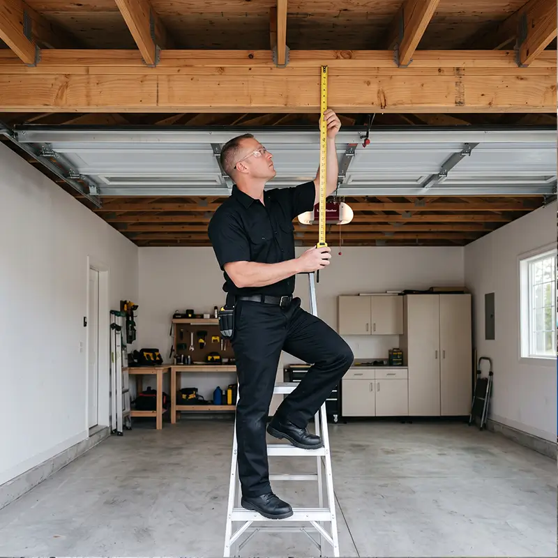 Garage door technician measuring and evaluating garage opening in League City Texas