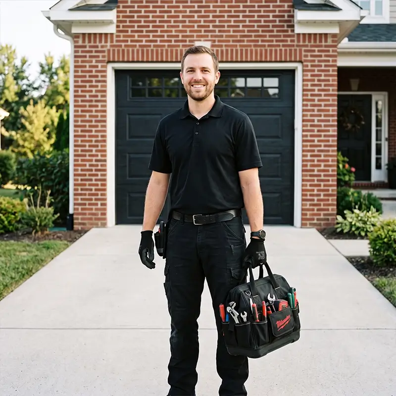 Garage door technician performing a professional garage door inspection in League City Texas