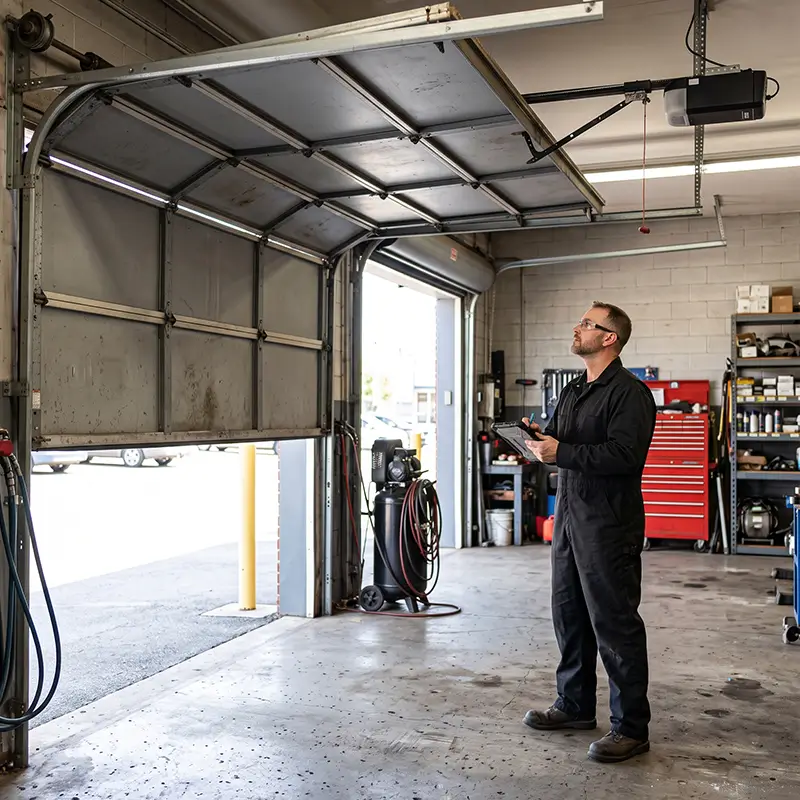Garage door repair technician performing professional diagnosis in League City Texas
