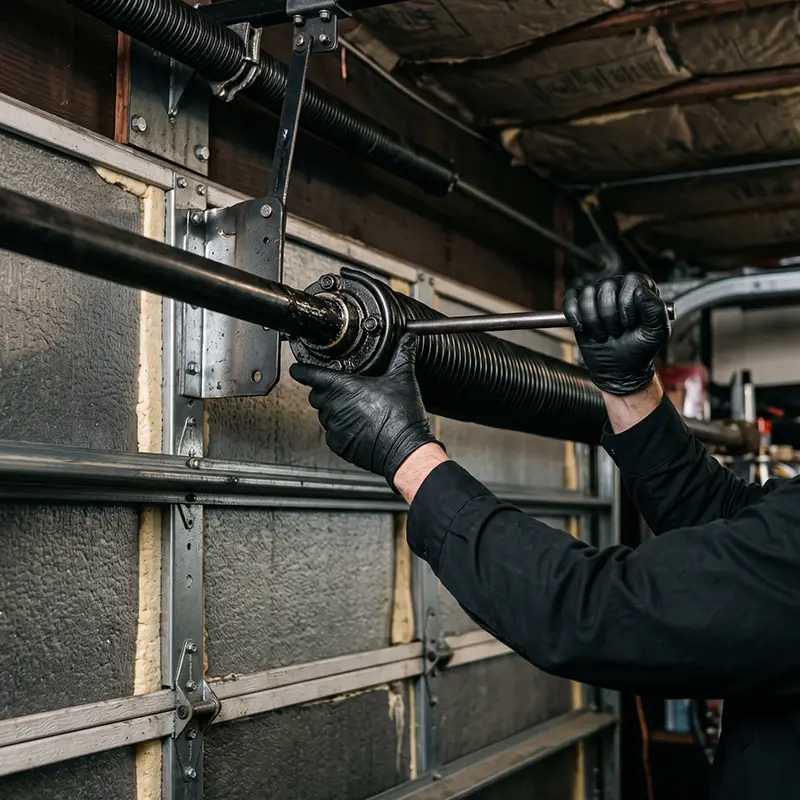 Garage door technician calculating door weight and spring capacity in League City Texas