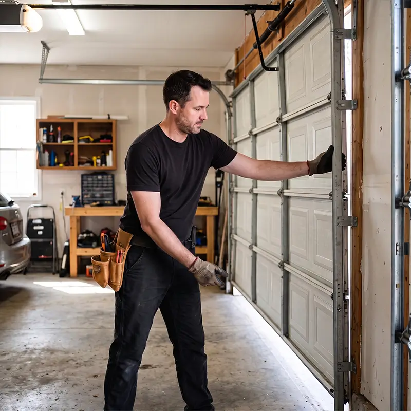 Garage door maintenance technician inspecting springs and hardware in League City Texas
