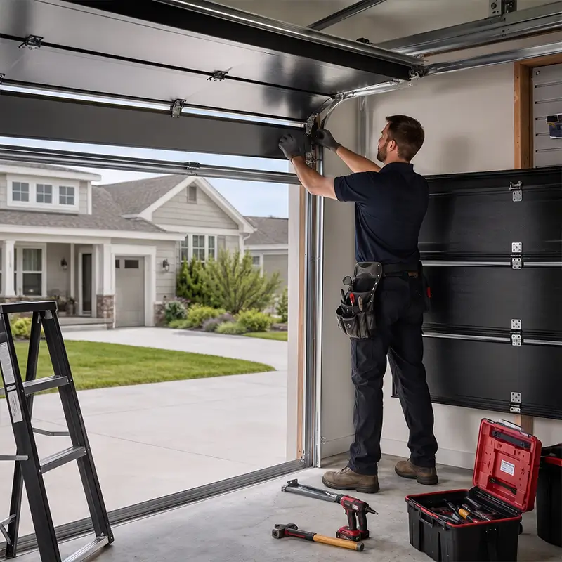 Garage door technician inspecting springs tracks and opener system in League City